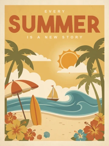 Colorful Summer Beach Poster Featuring Palm Trees, Surfboard, Sailboat, Ocean Wave, Bright Sun and Relaxing Holiday Vibes
