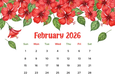February 2026 Calendar Romantic Botanical Theme with Colorful Weekday Accents and Heart Charm