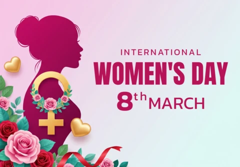 Template di design per poster della giornata internazionale della donna con silhouette di donna, fiori e sfondo sfumato romantico.