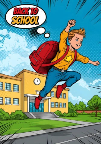 Ritorno a scuola supereroe studente che vola verso la scuola con maglietta a stelle e zaino rosso modello di poster