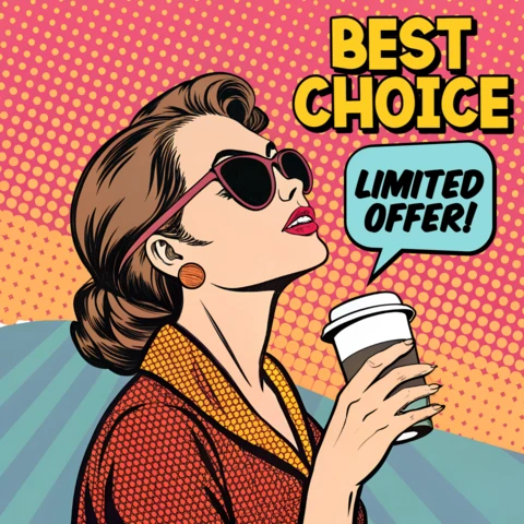 Template promocional de pop art com mulher retrô para design de folheto de oferta limitada