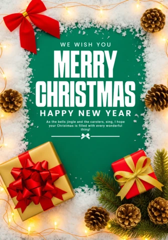 Traditional Holiday Greeting Card with Green Canvas, Festive Bow, and Christmas Gift Arrangement
