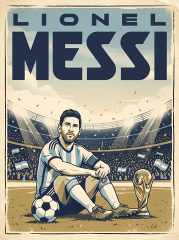 Argentina National Team Lionel Messi Vintage Retro Soccer Hero Sitting Stadium World Cup Trophy Celebration Poster Design 2026