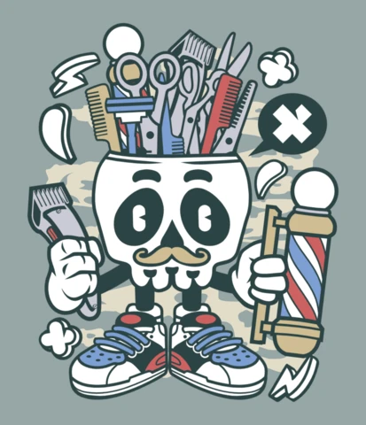 理髪師の頭蓋骨の漫画キャラクターのTシャツデザインテンプレート