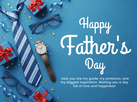 Father’s Day 2026 Greeting Card Featuring Blue Background Striped Necktie Wristwatch Eyeglasses Gift Boxes Red Ribbons Gold Confetti and Loving Dad Message