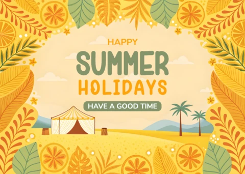 Summer Holidays Design Template with Tropical Leaves and Tent