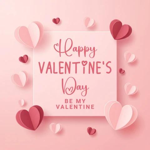 Carte de vœux pour la Saint-Valentin avec des cœurs en papier superposés et un cadre blanc central sur un fond rose.