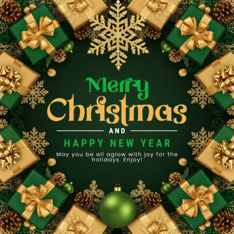Christmas Festive Holiday Card Featuring Gold & Green Presents, Decorative Ornaments, and Seasonal Pine Accents