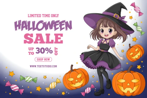 Playful Halloween Sale Template with Chibi Witch and Pumpkins for Promotional Flyers
