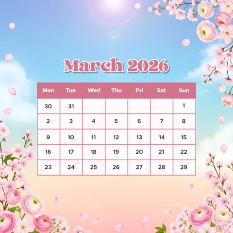 March 2026 Wall Calendar Poster with Blossoms, Sunrise Colors, and Seasonal Style