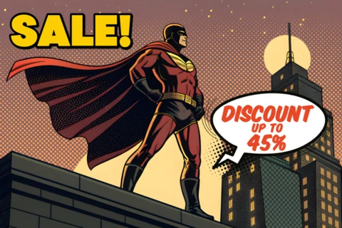 Plantilla promocional de estilo cómic en venta con tema de superhéroes.