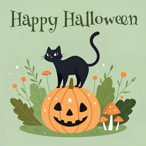 Vrolijk halloween retro flat design met zwarte kat en pompoen voor wenskaarten en merchandise