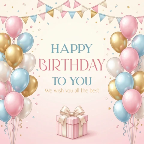 Pôster de feliz aniversário com balões em pastel rosa, azul, dourado e branco, com confete e caixa de presente para celebração.