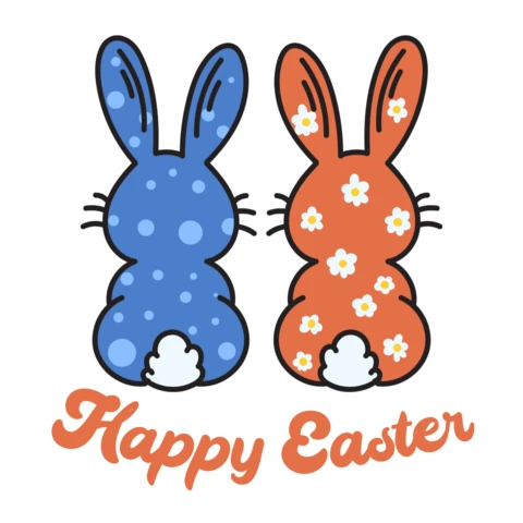 Felice Pasqua con coniglietto blu e arancione vista posteriore conigli con modelli floreali e a pois design per maglietta