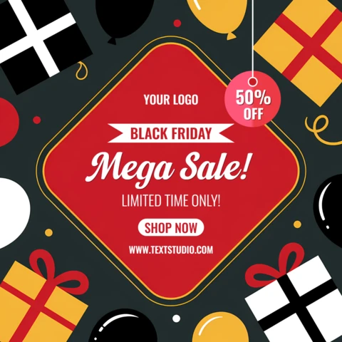 Plantilla de diseño de venta de Black Friday con regalos festivos y globos para volantes promocionales.