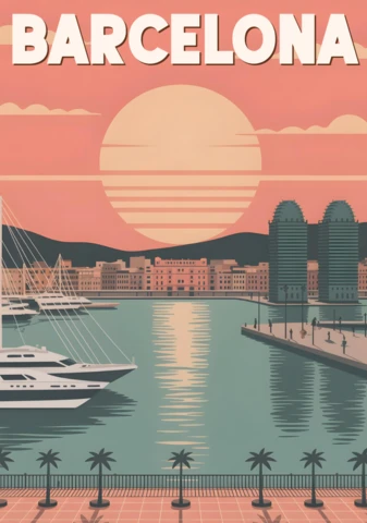 Waterfront Sunset with Yacht, Palm Trees & City Skyline Barcelona Travel Posters Design Template
