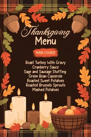 Thanksgiving Menu Design Template with Autumn Leaves and Candles for Festive Dinner Decor