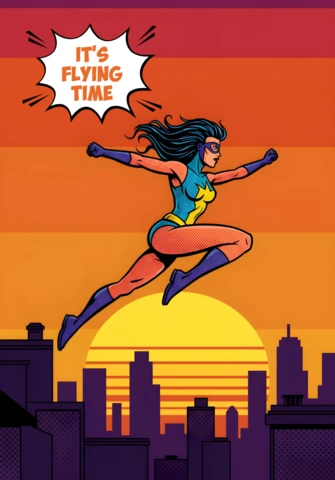 It's Flying Time Superhero in Blue & Yellow Over Sunset Cityscape Poster Design Template