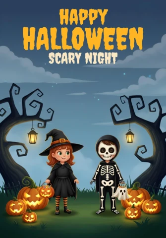 Gruselige Halloween-Dekoration Cartoon-Kinder in verfluchten Wäldern mit leuchtenden Laternen & festlichem Textdesign-Vorlage für Flyer