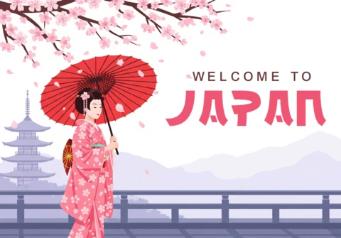 Explore Japan Culture Kimono-Clad Woman On Bridge with Pagoda and Cherry Blossoms in Serene Scene