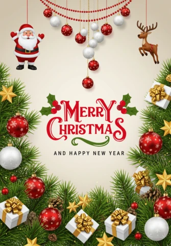 Festive Christmas Card Gift Boxes, Pine Branches, and Classic Holiday Message