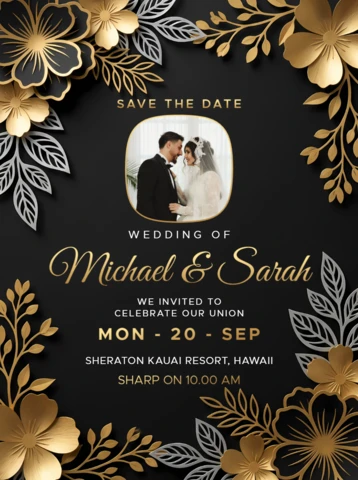 Luxury Black and Gold Wedding Invitation Card Template with Elegant Floral Border and Couple Photo Frame