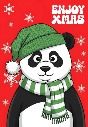 Enjoy Xmas Card Adorable Panda in Winter Outfit Surrounded By Snowflakes in Cheerful Christmas Design