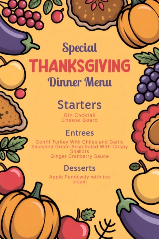 Modèle de menu de dîner de Thanksgiving avec des illustrations colorées et un design festif