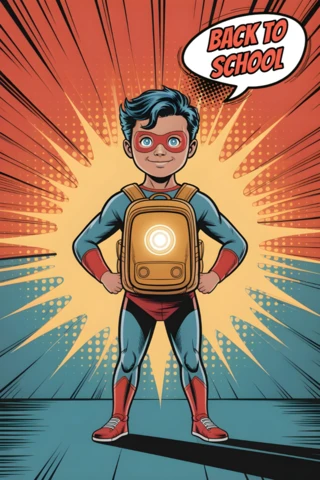Plantilla de diseño de póster de estudiante superhéroe de regreso a la escuela con mochila luminosa y fondo de explosión de cómic.