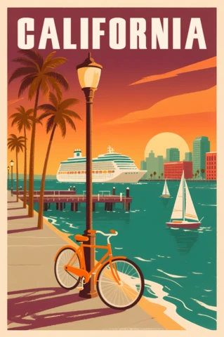 カリフォルニアのビンテージ旅行ポスターデザインテンプレート、自転車と夕日を使ったパンフレット用