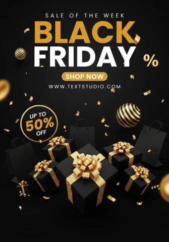 Affiche du Black Friday élégante avec des boîtes cadeaux noires et dorées, des confettis et un message de vente audacieux sur un fond sombre, modèle de conception pour promotion.