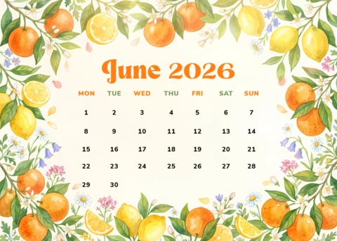 June 2026 Monthly Calendar with Watercolor Citrus Fruits and Botanical Illustrations