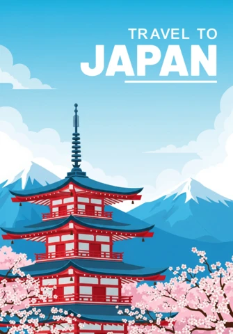 Japan Travel Design Template with Pagoda and Cherry Blossoms for Brochure