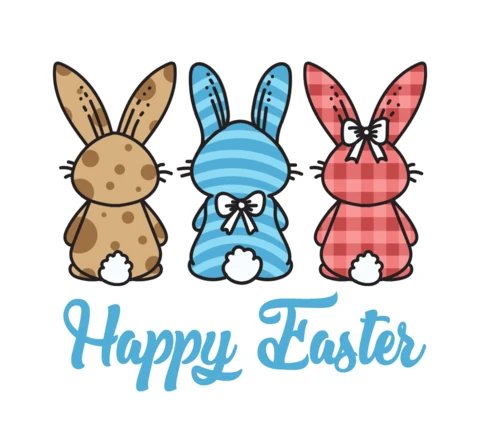 Felice Pasqua trio di coniglietti dei cartoni animati con papillon e corpi a fantasia modello di maglietta