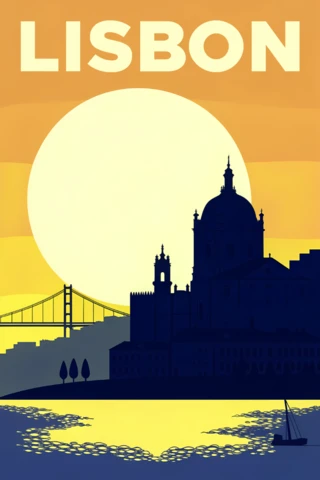 Modèle de design de silhouette de coucher de soleil à Lisbonne pour des affiches de voyage