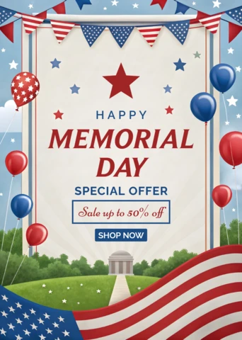Festive Memorial Day Sale Template - Patriotic Design with Banners and Balloons