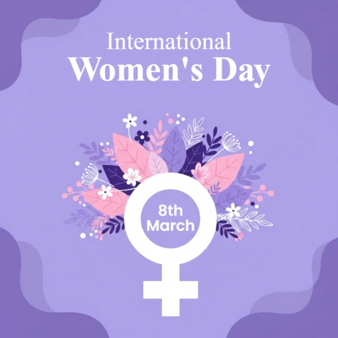 Happy International Women’s Day Poster Template with Female Symbol, Floral Motifs, and Decorative Gradient Background