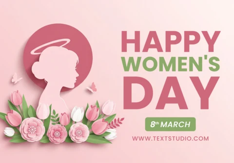Modelo de cartaz do dia internacional da mulher com silhueta feminina, decorações florais e tema festivo em rosa.