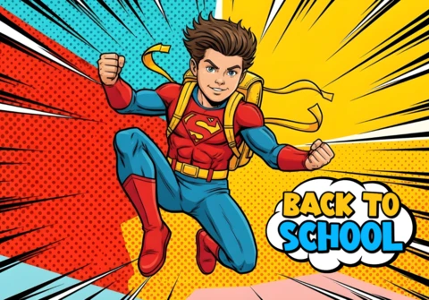 Ritorno a scuola supereroe studente che vola con emblema giallo "s" e sfondo di pannello a fumetti, modello di design per poster