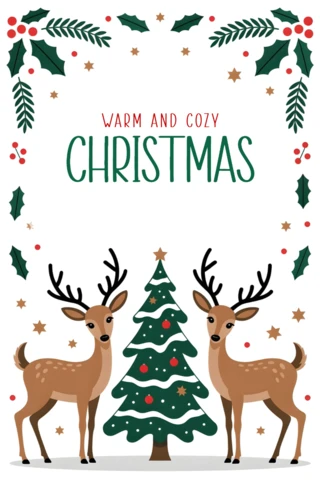 Plantilla de diseño de tarjeta navideña cálida y acogedora con ilustración de reno y árbol, tipografía rojo-verde y decoraciones festivas.