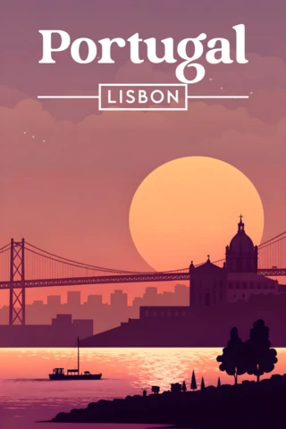 Lisbon Sunset Design for Retro Flat Travel Posters Template