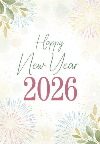 Cartão de Ano Novo 2026 em aquarela com fogos de artifício em pastel e detalhes botânicos.