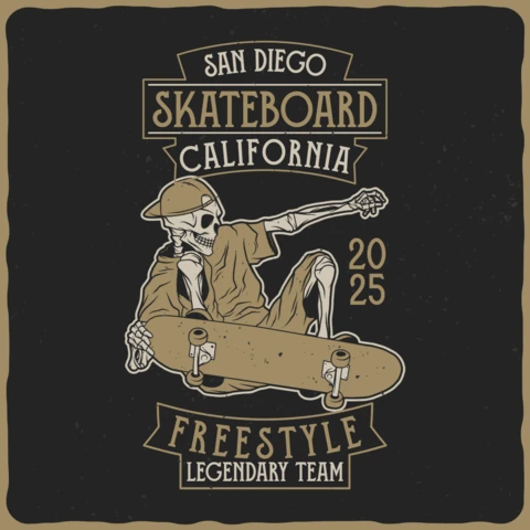 Skeleton Skating Vintage T-shirt Design Template