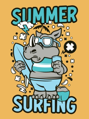 Summer Surfing Rhinoceros Cartoon T-Shirt Design Template