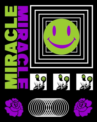 Modèle de design graphique vibrant avec un visage souriant pour les vêtements et les produits dérivés.