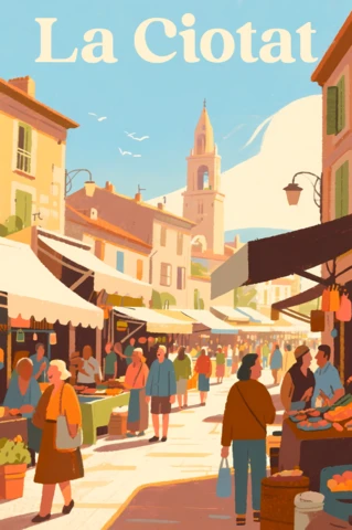 Charming La Ciotat Market Scene Design for Travel Posters Template