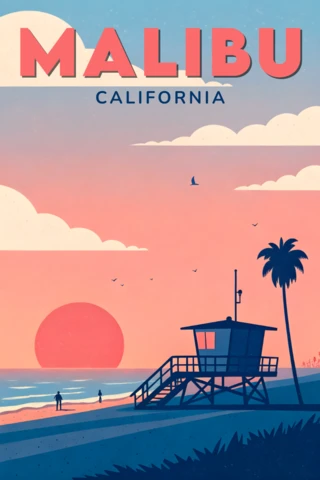 Retro Flat Design for Travel Posters Template with Beach Hut in Malibu