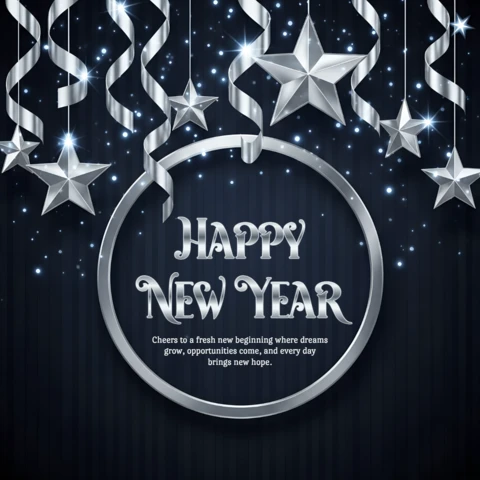 New Year Celebration Design Template with Silver Stars and Streamers for Party Invitations