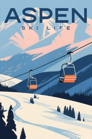 Modèle de design d'affiche de station de ski vintage mettant en avant les montagnes d'aspen et la gondole.