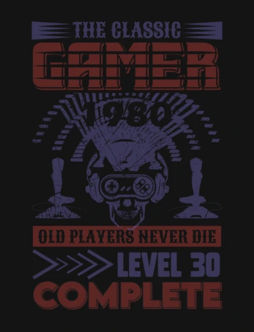 Oude spelers sterven nooit, level 30 complete retro schedel headset gaming t-shirt ontwerpsjabloon